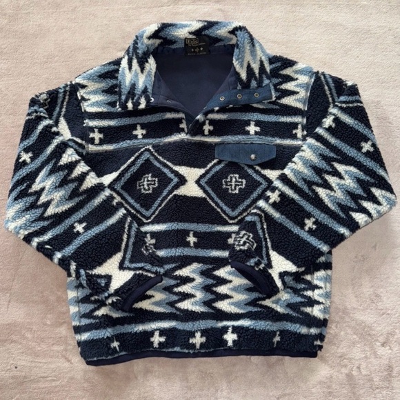 PRL x Naiomi Glasses Fleece Pullover Leather Trimmed Size L - Picture 3 of 13